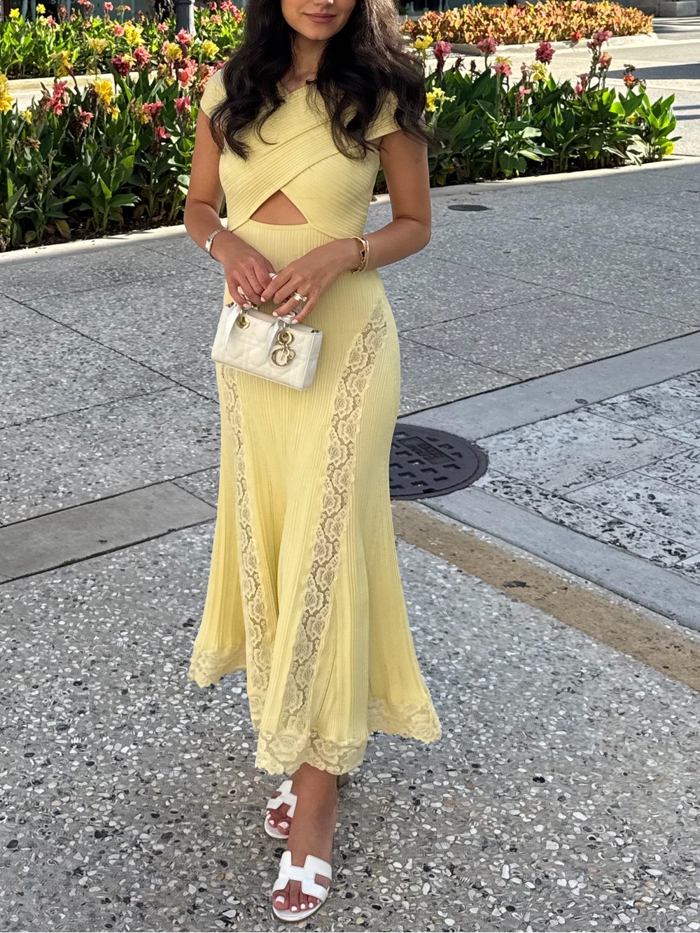 Self Portrait YELLOW KNIT LACE INSERT MIDI DRESS - Picture 6 of 8